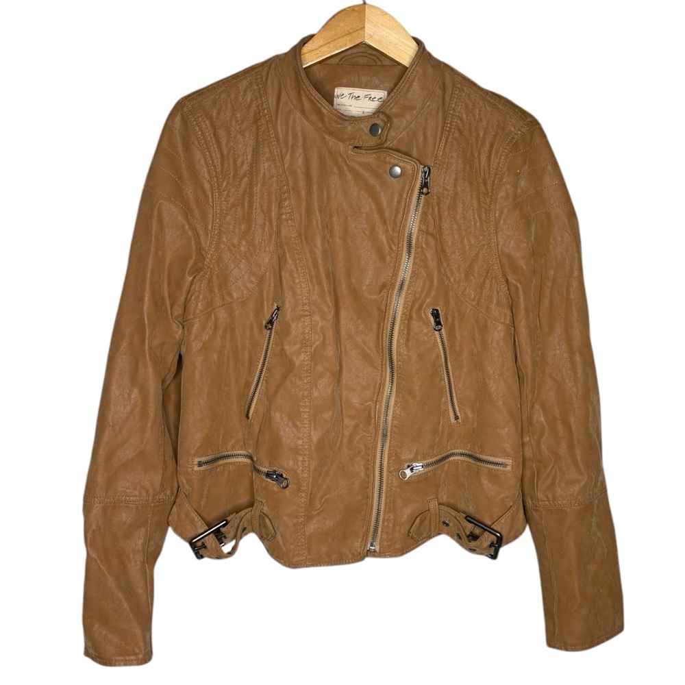 Free People fenix faux Leather Motorcycle Jacket tan brown women’s size large - Picture 2 of 11